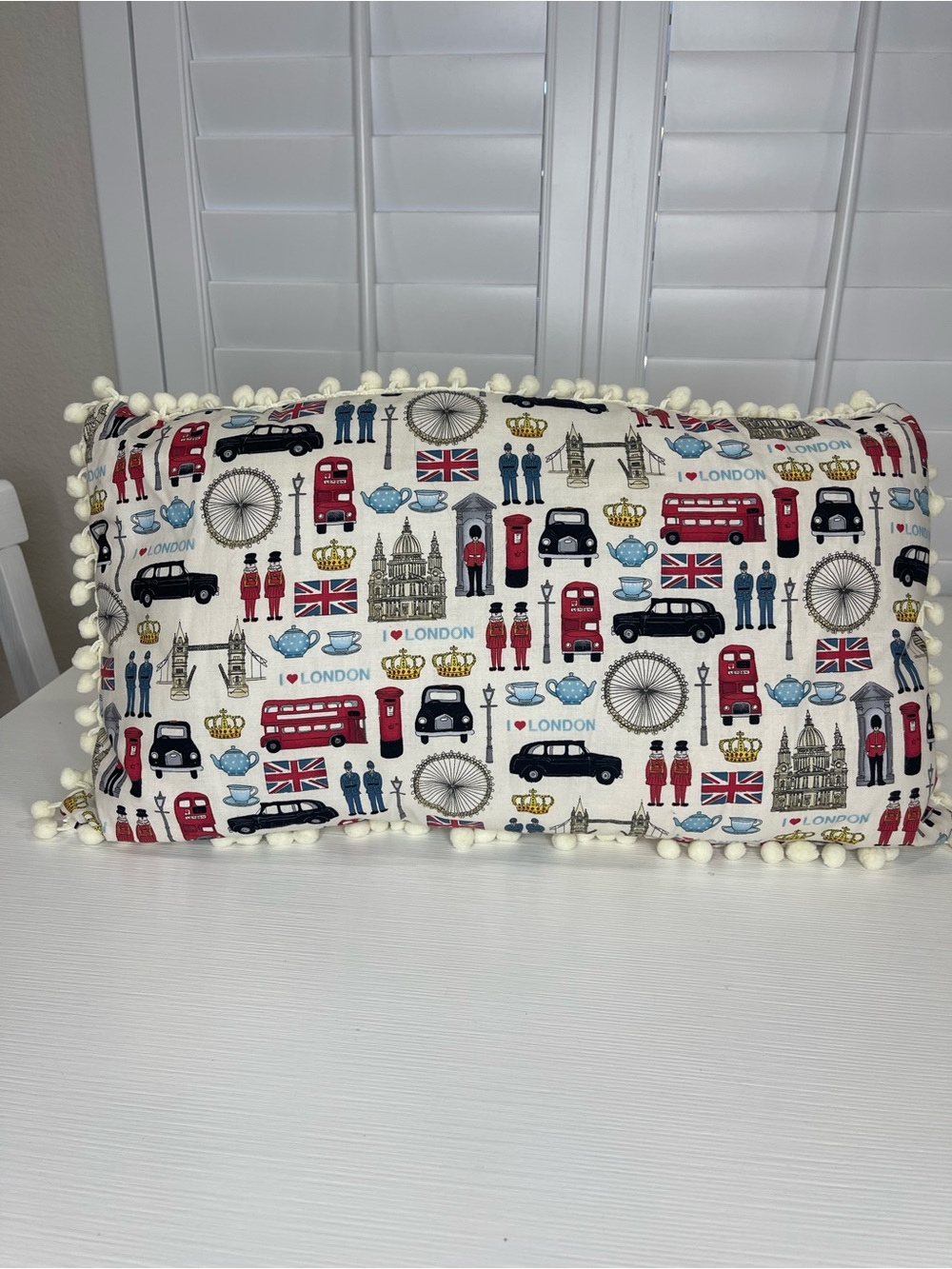 London Icons Handmade Cotton Pillow with Pom-Pom Trim - Cream/Multicolor